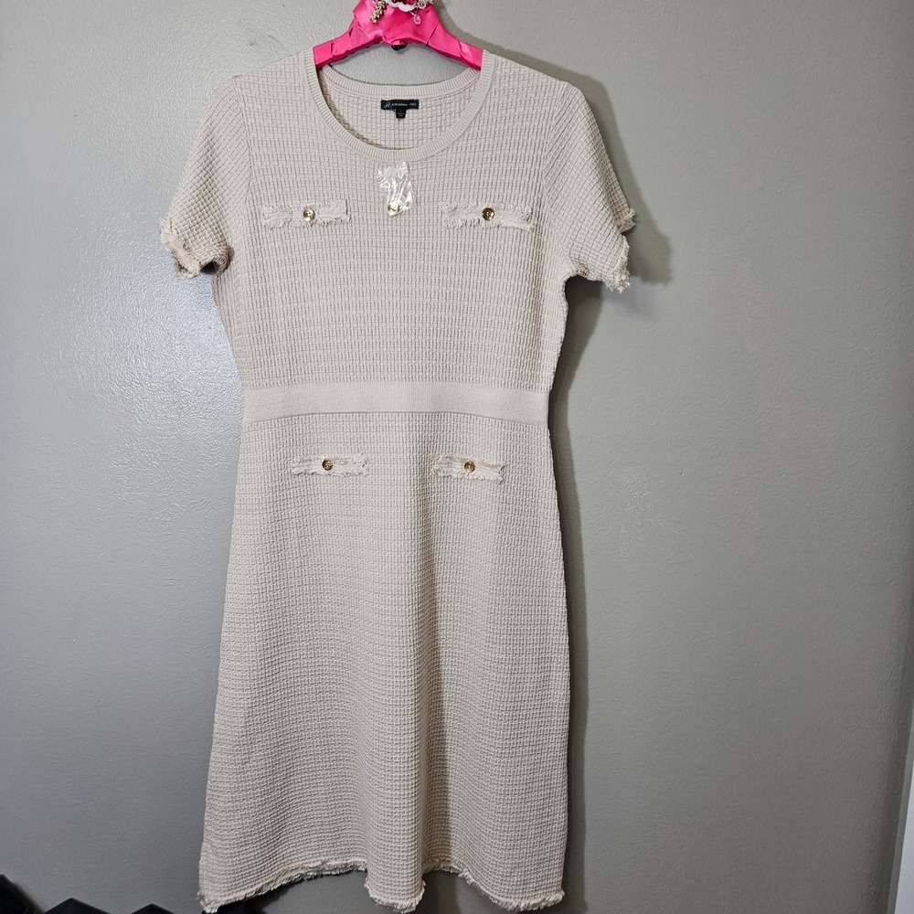 Quiet Luxury Adrianna Papell Beige Waffle Knit Fringe Sheath Dress Size L Chic